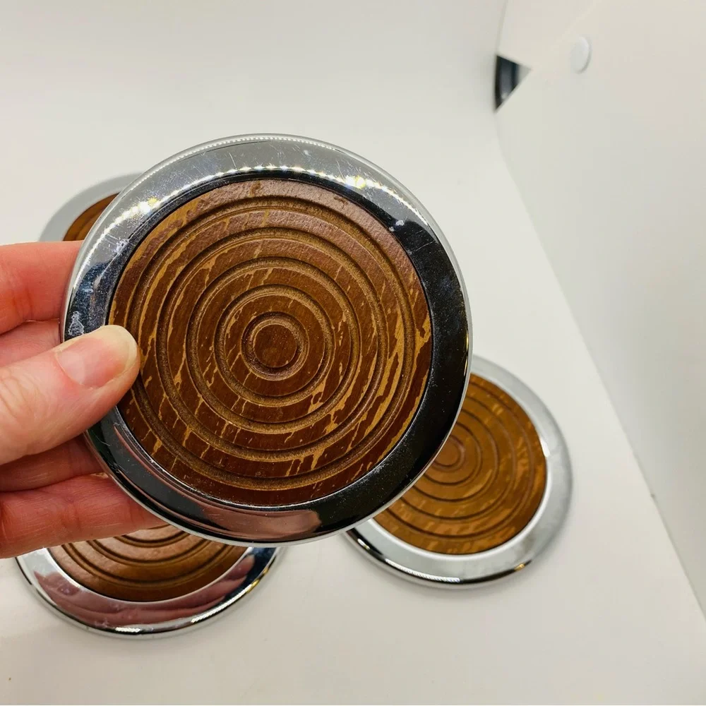 Williams Sonoma Wood and Metal Coasters With Holder. Velvet bottom.Gently Used.